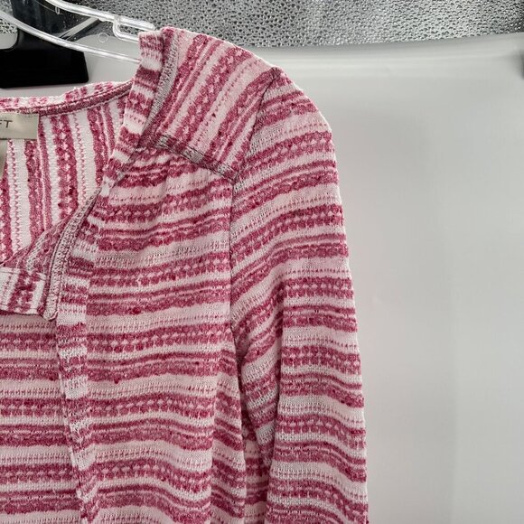 Ann Taylor Loft Womens Tie Neck Long Roll Tab Sleeve Blouse Pink/White Striped S - Picture 4 of 11